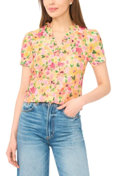 Cece Floral Ruffle Trim Button-up Top In Neutral