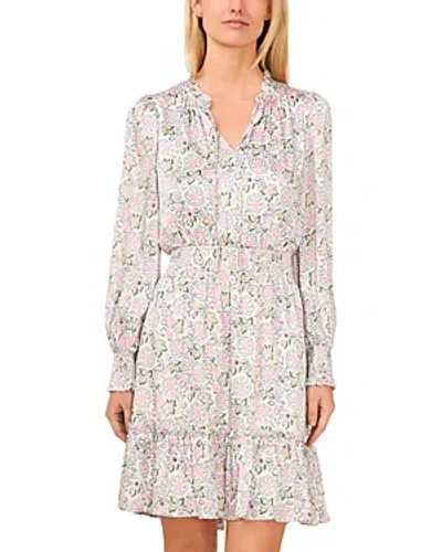 Cece Floral Smocked Ruffle Long Sleeve Dress In New Ivory