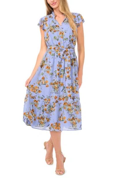 Cece Floral Scallop Trim Chiffon Midi Dress In Blue Blossom