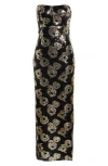 Cece Floral Sequin Strapless Gown In Black