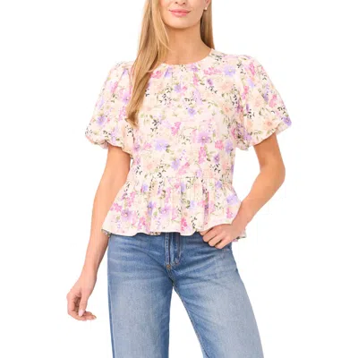 Cece Floral Shirred Neck Top In White