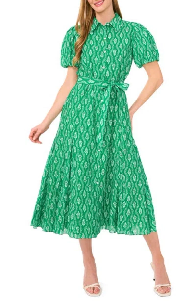 Cece Floral Short Sleeve Midi Shirtdress In Kelly Green
