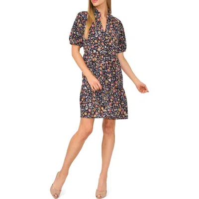 Cece Floral Short Sleeve Minidress In Classic Navy