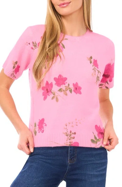Cece Floral Short Sleeve Sweater In Pink