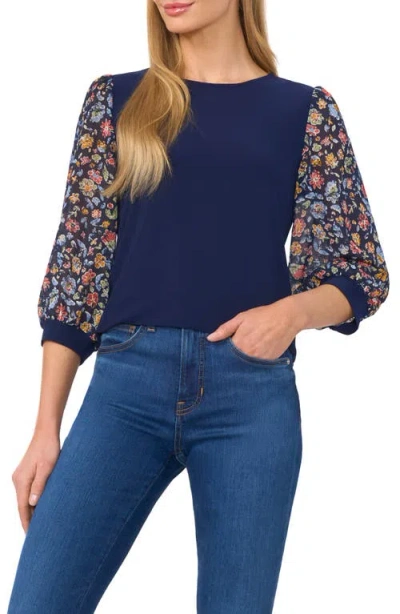 Cece Floral Sleeve V-neck Mixed Media Top In Classic Navy