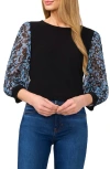 Cece Floral Sleeve Mixed Media Crepe Top In Rich Black