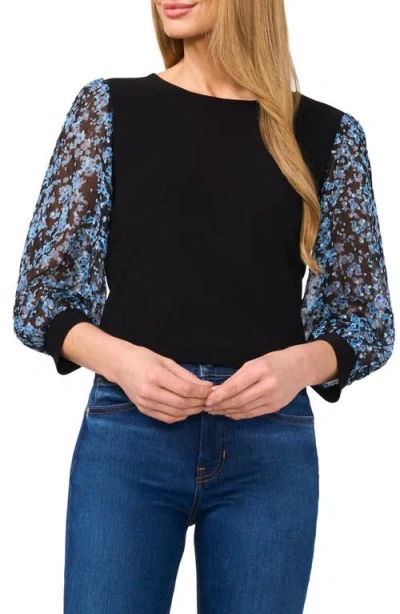 Cece Floral Sleeve Mixed Media Crepe Top In Rich Black