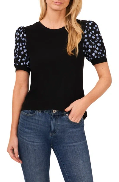 CECE FLORAL SLEEVE MIXED MEDIA KNIT TOP