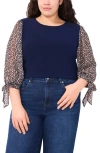 Cece Tie Cuff Mixed Media Crepe Knit Top In Blue