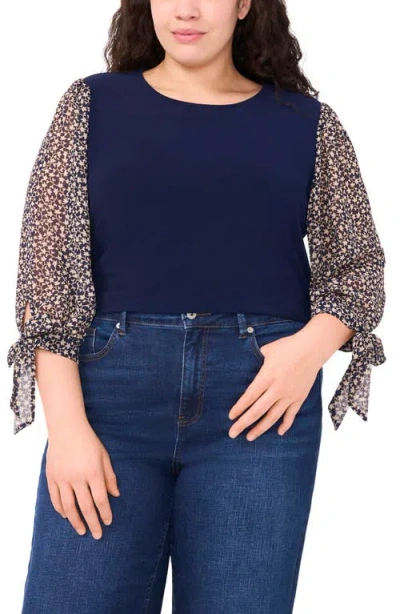 Cece Floral Sleeve Mixed Media Top In Blue