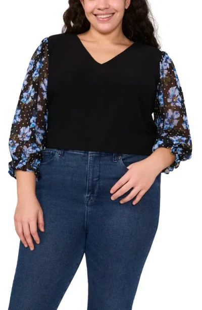Cece Floral Sleeve Mixed Media Top In Mod Black