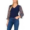Cece Floral Sleeve V-neck Mixed Media Top In Blue