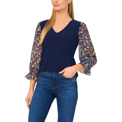 Cece Floral Sleeve V-neck Mixed Media Top In Blue