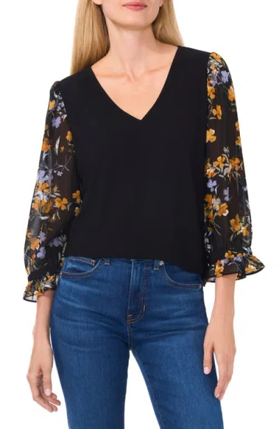 Cece Floral Sleeve V-neck Mixed Media Top In Rich Black