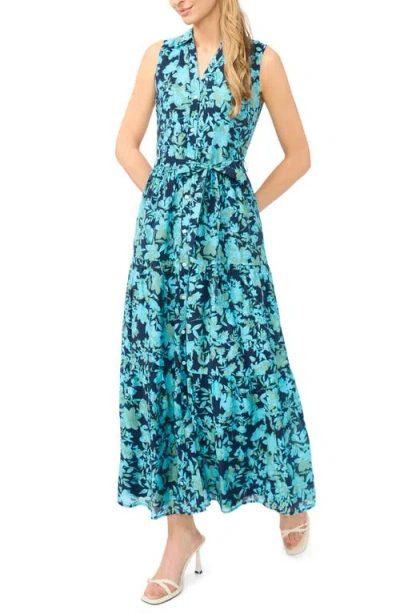 Cece Floral Sleeveless Maxi Shirtdress In Blue