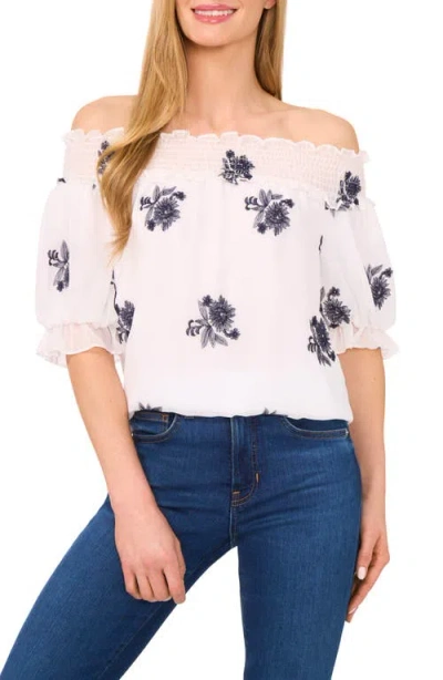 Cece Floral Smocked Off The Shoulder Chiffon Top In White