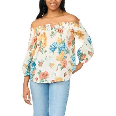Cece Floral Smocked Off The Shoulder Long Sleeve Top In Multi