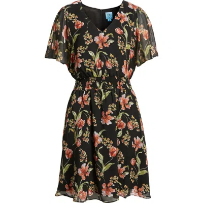 Cece Floral Smocked Waist Dress In Rich Black