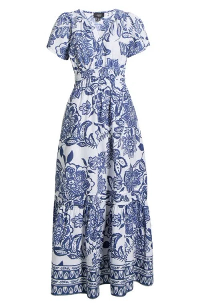 Cece Floral Smocked Waist Maxi Dress In Blue