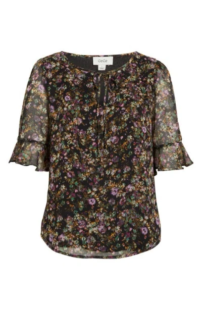 Cece Floral Split Neck Top In Black