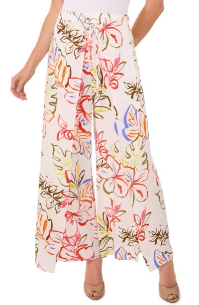 Cece Floral Tie Front Overlay Wide Leg Pants In New Ivory