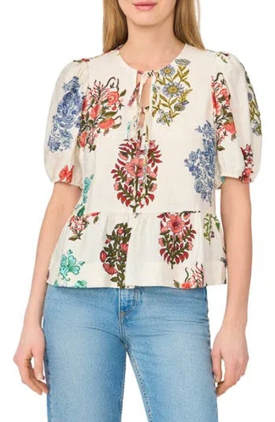 Cece Floral Tie Keyhole Puff Sleeve Peplum Top In Multi