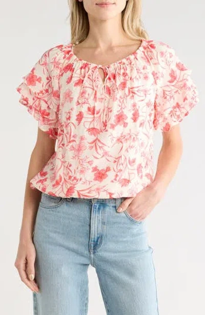 Cece Floral Tie Keyhole Short Sleeve Top In White