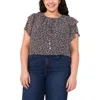 Cece Floral Tie Neck Flutter Sleeve Top In Gray