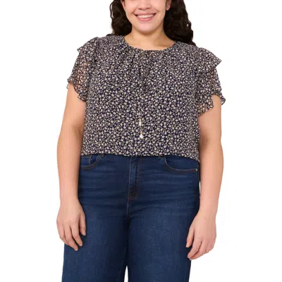 Cece Floral Tie Neck Flutter Sleeve Top In Gray