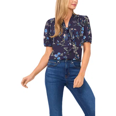 Cece Floral Tie Neck Georgette Top In Blue
