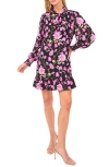 Cece Floral Tie Neck Long Sleeve Dress In Black