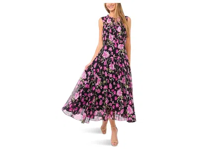 Cece Floral Tie Neck Shirred Midi Dress In Black