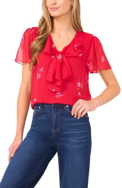 Cece Floral Tie Neck Top In Red