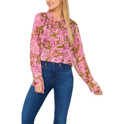 Cece Floral Tie Neck Yoryu Top In Antique Olive