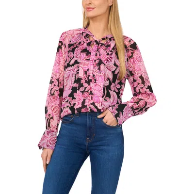 Cece Floral Tie Neck Yoryu Top In Rich Black