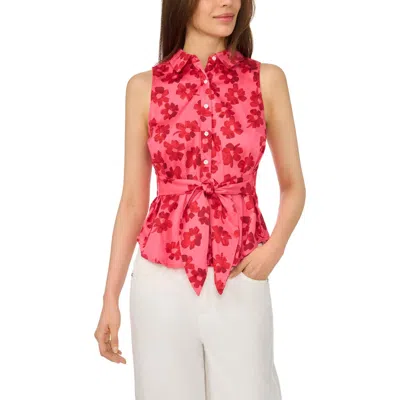 Cece Floral Tie Waist Sleeveless Stretch Cotton Button-up Shirt In Multi