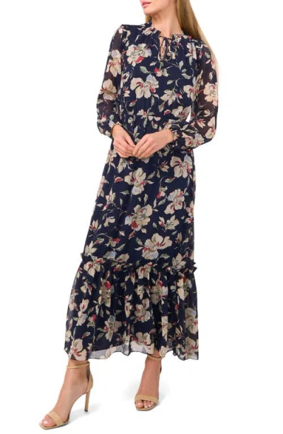 Cece Floral Tiered Long Sleeve Maxi Dress In Classic Navy