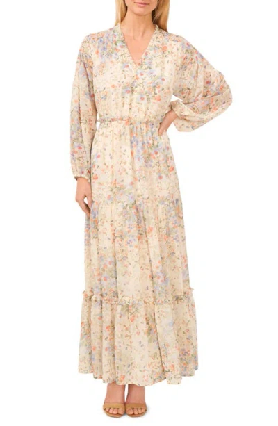 Cece Floral Tiered Long Sleeve Maxi Dress In Egret