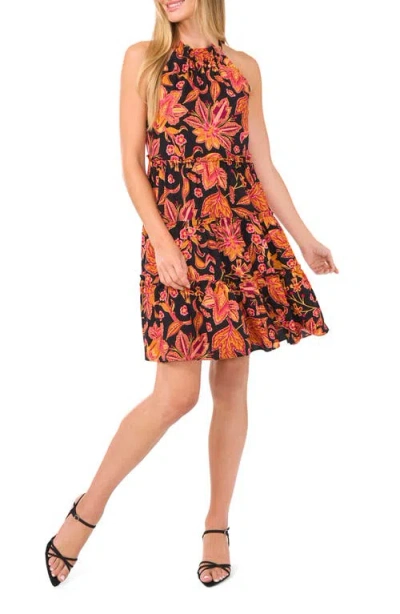 Cece Floral Tiered Trapeze Dress In Rich Black