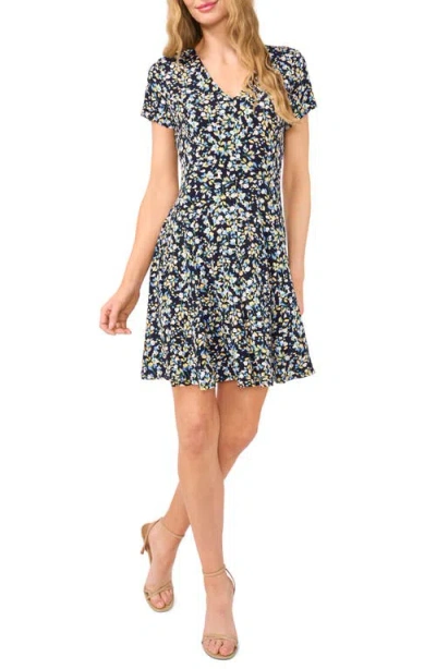 Cece Floral V-neck Princess Seam Dress In Classic Navy