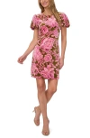 Cece Floral Velvet Short Sleeve Minidress In Antique Olive