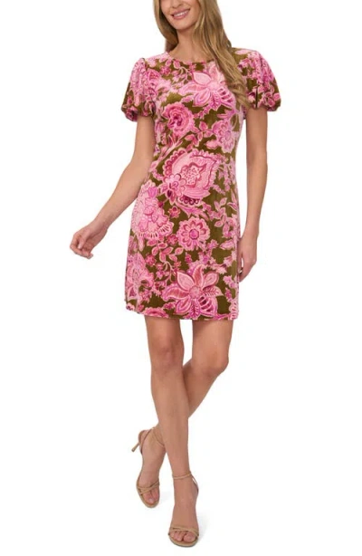 Cece Floral Velvet Short Sleeve Minidress In Antique Olive