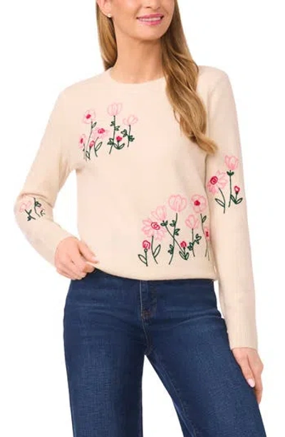 Cece Flower Embroidery Crewneck Sweater In Brown