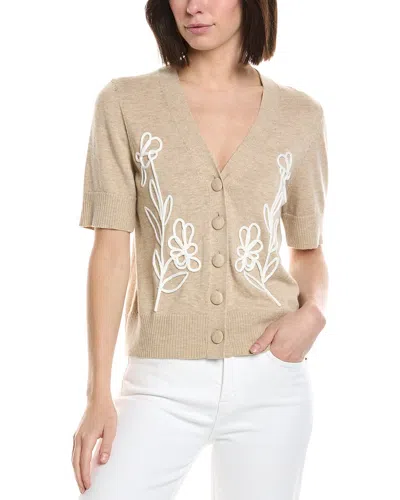 Cece Flower Embroidery V-neck Wool-blend Cardigan In Brown