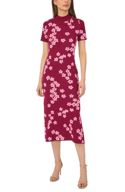 Cece Flower Jacquard Midi Sweater Dress In Red