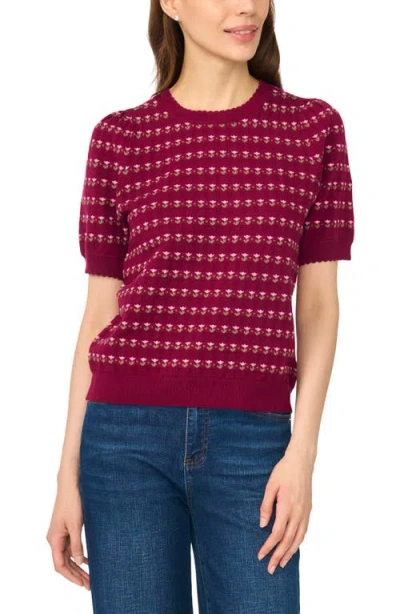 Cece Flower Pointelle Short Sleeve Sweater In Burgundy