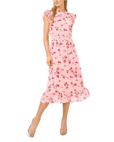 Cece Floral Print Flutter Sleeve Smocked Midi Dress In Multi