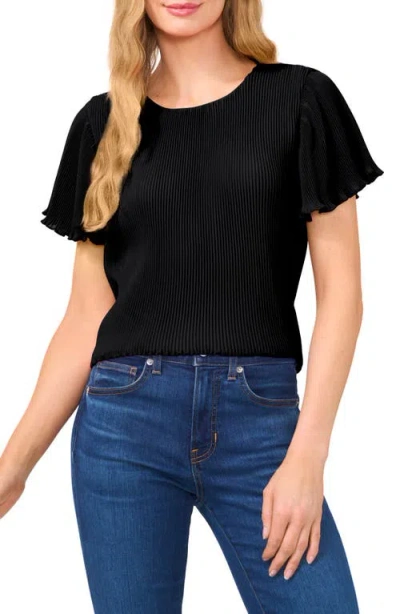 Cece Flutter Sleeve Plissé Top In Black