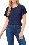 Cece Flutter Sleeve Plissé Top In Classic Navy