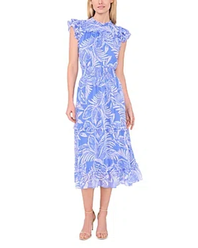 Cece Palm Print Smocked Ruffle Midi Dress In Tropic Night Blue